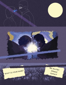 The image features a collage of three different pictures, each depicting a man and woman kissing under a full moon. The first picture shows two people embracing under the moonlight, while the second picture depicts a couple sharing an intimate moment with their eyes locked together. The third picture captures another couple in a kiss, surrounded by trees that add to the romantic atmosphere of the scene. 

The image also includes text elements such as "What is your name?" and "We Are Not Allowed Contact", which may be related to a social media post or an advertisement for a product. The overall theme of the collage seems to revolve around love, relationships, and the idea that we are all connected in some way.