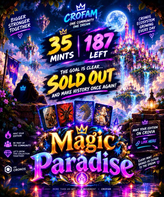 Fantasy-themed promotional graphic for 'CROFAM' and 'Magic Paradise' NFT project on Cronos blockchain, displaying '35 MINTS LEFT', 'SOLD OUT', and fantasy castle illustrations.
