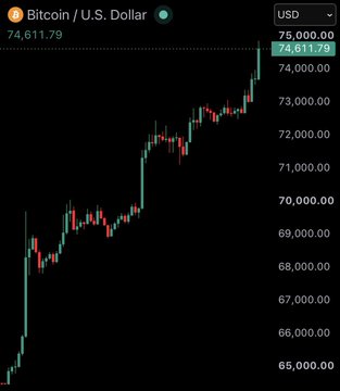 A Bitcoin/U.S. Dollar price chart on a dark background showing the price at 74,611.79 with green and red candlesticks trending upward.