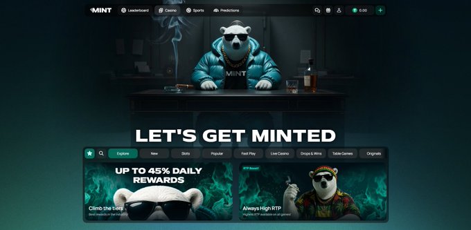 A screenshot of the MINT casino/gaming website featuring a polar bear mascot in a teal jacket, with navigation tabs (Leaderboard, Casino, Sports, Predictions) and promotional banners advertising 'Up to 45% Daily Rewards.'