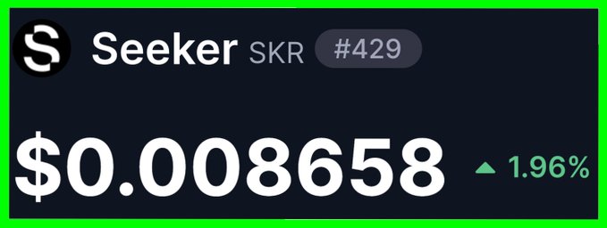 A cryptocurrency price card displays Seeker (SKR) at #429 with a price of $0.008658, showing a 1.96% increase. The image supports the accompanying post's narrative about SKR, often referred to as "the second Solana token," gaining momentum as the Solana ecosystem experiences growth.