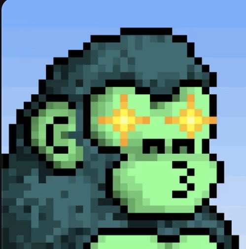 A pixel art illustration depicts a green gorilla with glowing yellow cross-shaped eyes, set against a light blue background. The digital artwork, likely a profile or NFT image, ties to the post mentioning @CyberKongz (a well-known NFT collection) and the BONK3R5Z ticker, blending classic pixel art aesthetics with Web3 crypto culture.