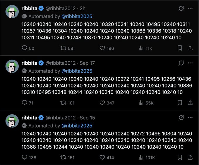 Three tweets from the automated Twitter/X account '@ribbita2025' (run by @ribbita2012) posted on Sep 15, Sep 17, and Sep 20, each containing long strings of the number '10240' repeated numerous times.