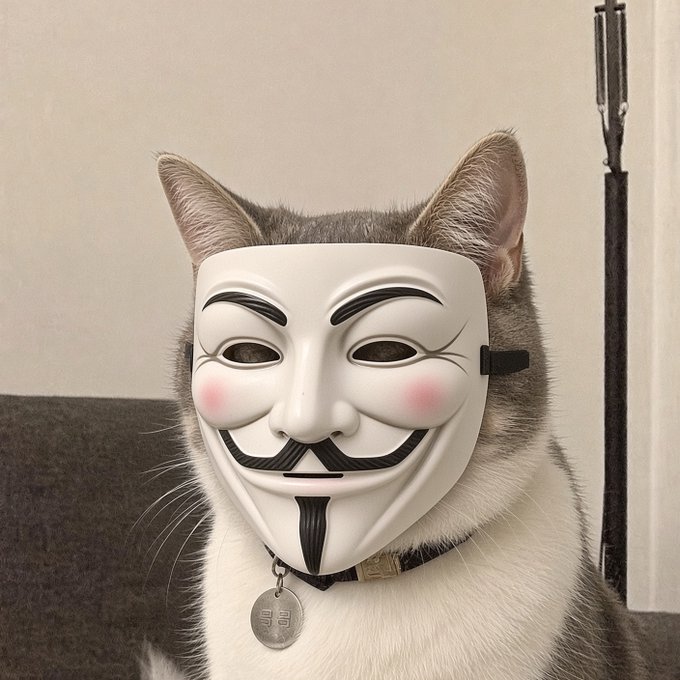 A gray and white cat wears a Guy Fawkes "Anonymous" style mask with rosy cheeks and a black mustache and goatee, along with a collar bearing a round tag.