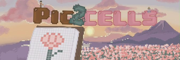 A screenshot of a banner advertising an upcoming video game, Pig Cells. The banner features a pink flower design with the words "Pig cells" written above it. The sky is filled with clouds, suggesting an overcast day or evening. In the corner of the image, there is a sign that reads "GM I'm giving away 5 GTD Spots for @pic2cells To enter: Follow @focusonFON & @pic2cells | Like + RT this post | Turn on both notification Good luck".