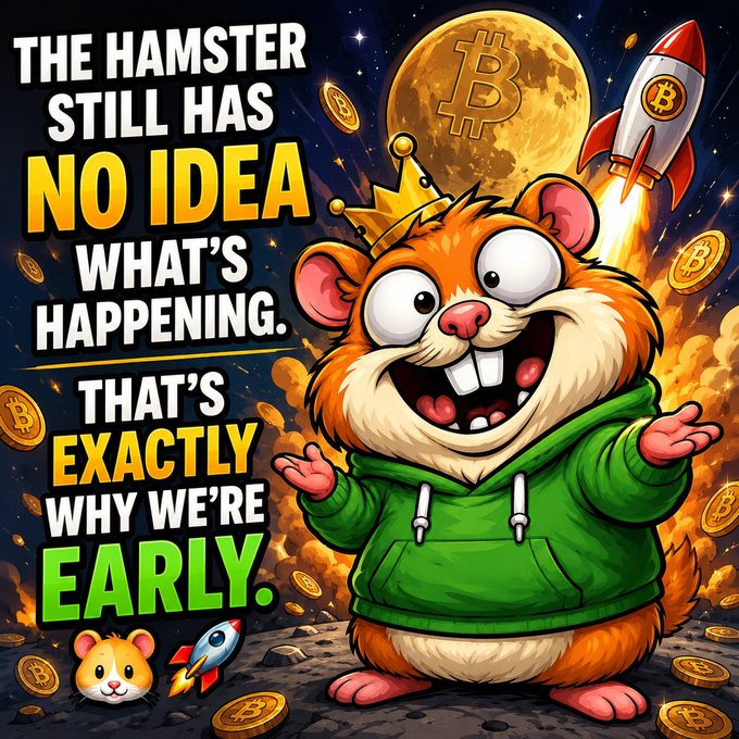 A cartoon illustration of an excited hamster wearing a crown and green hoodie, accompanied by the text "THE HAMSTER STILL HAS NO IDEA WHAT'S HAPPENING. THAT'S EXACTLY WHY WE'RE EARLY." set in a space-themed background with Bitcoin and a rocket.