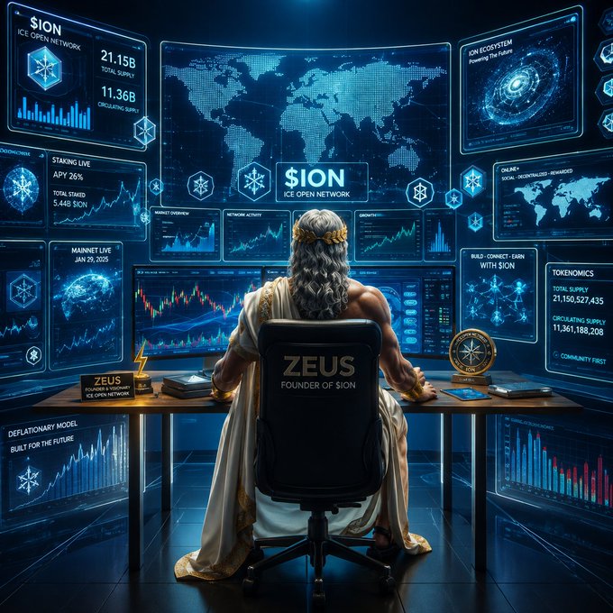 A digital illustration depicts Zeus sitting in a black chair labeled 'ZEUS FOUNDER OF $ION,' facing multiple screens displaying the $ION Ice Open Network dashboard with data on supply, APY, staking, and tokenomics.