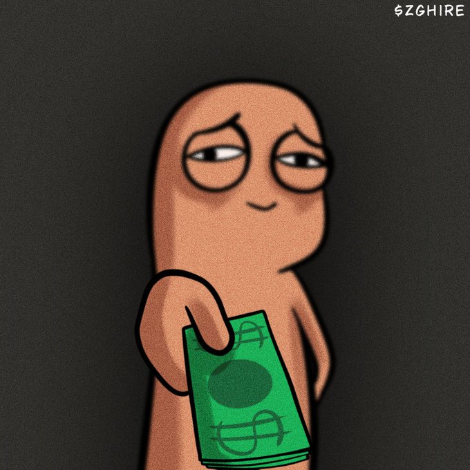 The image shows a smug-looking cartoon figure confidently offering a wad of green cash, symbolizing a profitable buy-in opportunity. The text "$ZGHIRE" appears in the corner, tying into the post's invitation for others to bid ("name your price") for an early CA on the $ZGHIRE token before it moons.