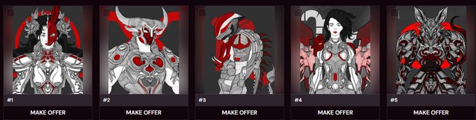 Five digital artwork panels labeled #1 through #5 display dark, detailed character designs in black, white, and red, each with a 'MAKE OFFER' button below.