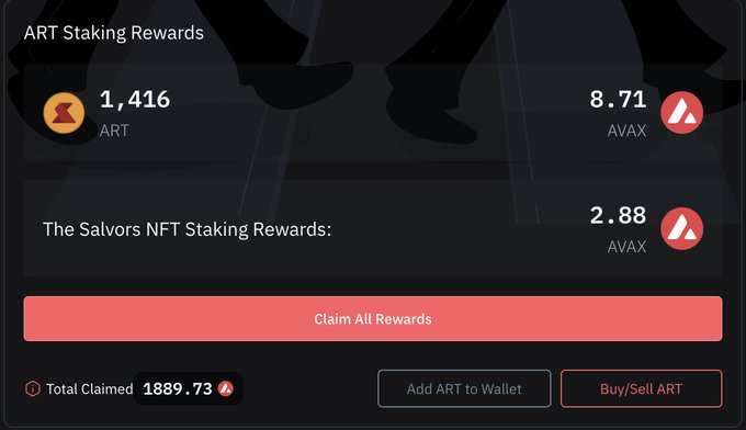 A cryptocurrency rewards dashboard displaying 'ART Staking Rewards' of 1,416 ART and 8.71 AVAX, plus 'The Salvors NFT Staking Rewards' of 2.88 AVAX, with a 'Claim All Rewards' button and 'Total Claimed 1889.73'.