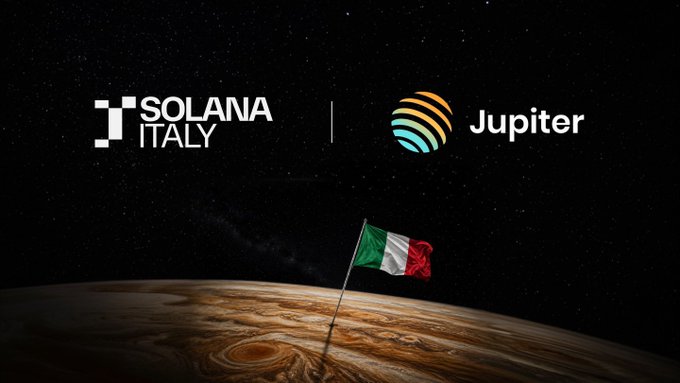 The image features a flag with red, white, and green colors flying over a planet. The text of the image reads "Houston, we have a problem. Solana Italy has landed. @JupiterExchange We're partnering up in Naples to bring you Solana's biggest #jupiters." This post is about Solana Italy launching on Jupiter and how they are collaborating with Jupiter Exchange for this partnership.