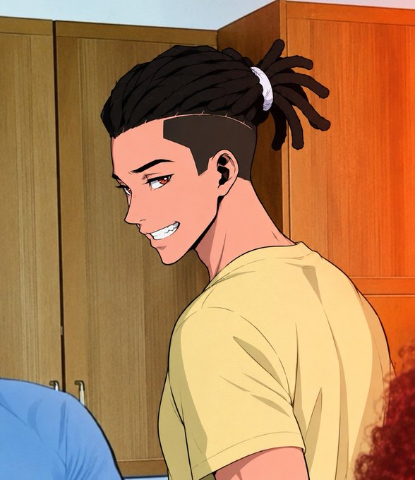 An anime-style portrait depicts a smiling young man with dreadlocks tied up and an undercut hairstyle, wearing a beige shirt in a wooden room.