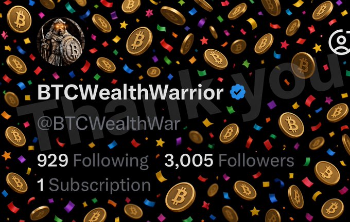 A Twitter/X profile banner for 'BTCWealthWarrior' (@BTCWealthWarrior) featuring a warrior avatar, a black background filled with gold Bitcoin coins and colorful confetti, and stats showing 929 Following, 3,005 Followers, and 1 Subscription, overlaid with a 'Thank you' watermark.