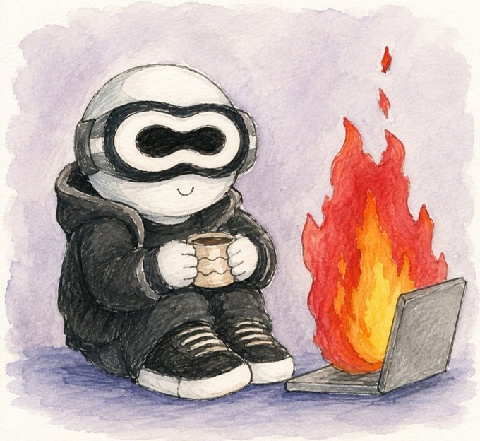A watercolor illustration shows a small white robot in a black hoodie sitting calmly with a mug while a laptop in front of it is engulfed in flames.