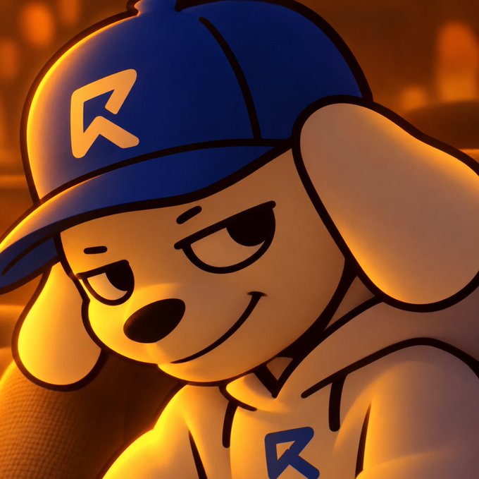 A digital cartoon illustration depicts an anthropomorphic yellow dog character wearing a blue baseball cap with an 'R' logo and a matching white and yellow shirt, set against a warm orange sunset background.