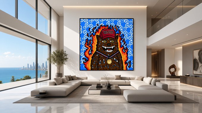 A modern luxury living room with floor-to-ceiling windows overlooking the ocean, featuring white sofas and a large vibrant painting of a wide-grinned, flame-surrounded figure wearing a cap as the wall's centerpiece.
