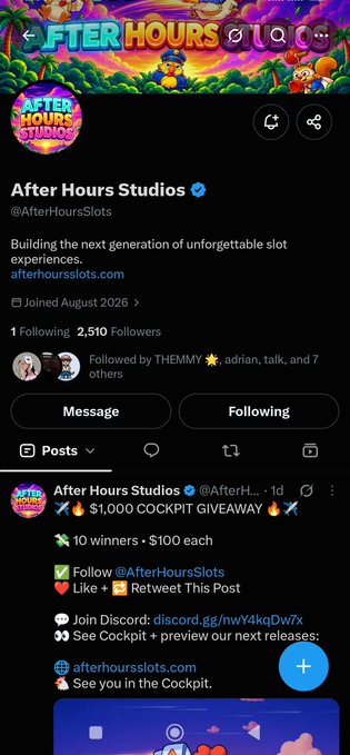 A screenshot of the X (Twitter) profile page for 'After Hours Studios' (@AfterHoursSlots), showing a banner with slot machine characters, the tagline 'Building the next generation of unforgettable slot experiences,' and a pinned post advertising a '$1,000 COCKPIT GIVEAWAY' with instructions to follow and retweet.