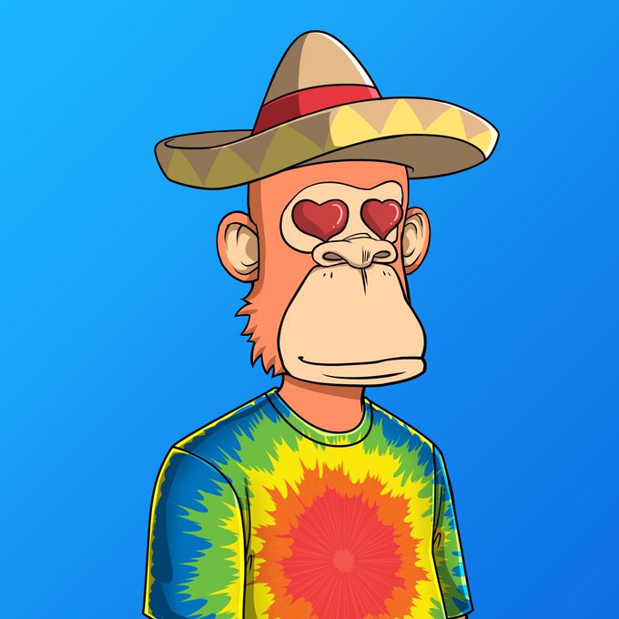 A cartoon Bored Ape character wearing a sombrero and a tie-dye shirt, with red heart-shaped eyes, set against a blue background.