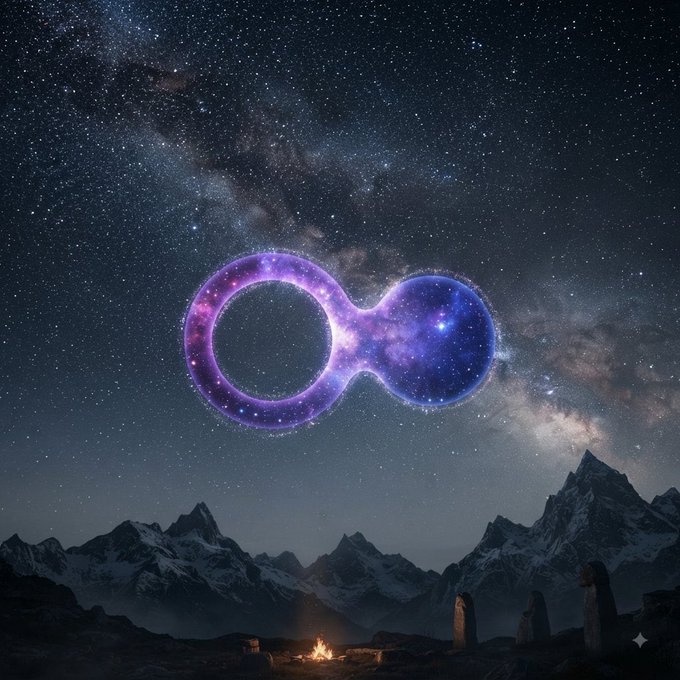 A fantasy nighttime landscape featuring snow-capped mountains beneath a starry Milky Way sky, with a glowing purple and blue cosmic infinity symbol floating above a small campfire in the valley.