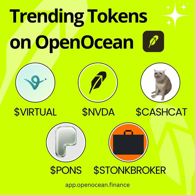 A bright green promotional graphic titled 'Trending Tokens on OpenOcean' featuring five token logos with tickers: $VIRTUAL, $NVDA, $CASHCAT, $PONS, and $STONKBROKER, with the URL app.openocean.finance at the bottom.