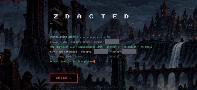 A 'ZDACTED' access screen with a gothic castle background, showing terminal-style text indicating 'ACCESS LEVEL: VISITOR' and a red 'ENTER' button