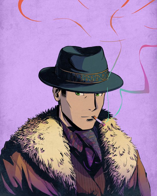 A stylized anime-style illustration of a man in a green fedora and fur-collared coat smoking a cigarette, with colorful smoke curling around him against a purple background.