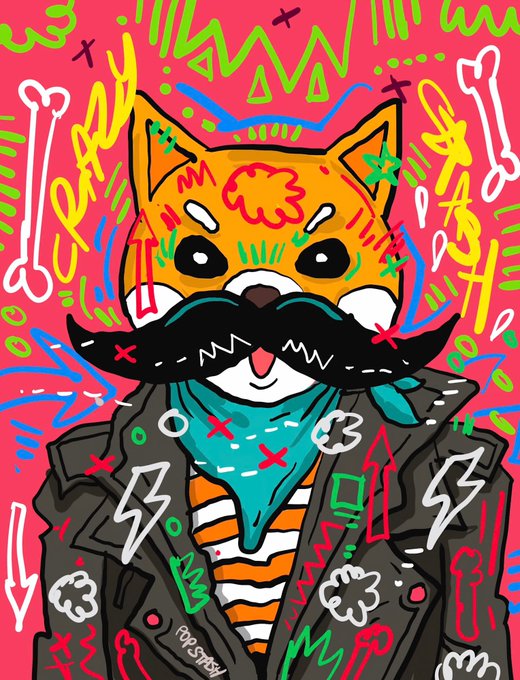 A stylized illustration of a fox or dog-like character with a large black mustache, wearing a striped shirt, teal bandana, and dark jacket, set against a vibrant graffiti-style pink background filled with doodles, bones, and lightning bolts; the signature "MPOSEY" appears on the jacket. The "GM" (Good Morning) post is reflected in the playful, upbeat, doodle-covered aesthetic of the character art.