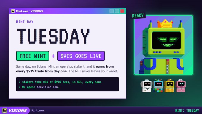 A Mint.oxe promotional graphic advertising 'VISIONS - MINT DAY TUESDAY' with a free mint offer and details about $VIS token staking, featuring a pixel-art robot character.
