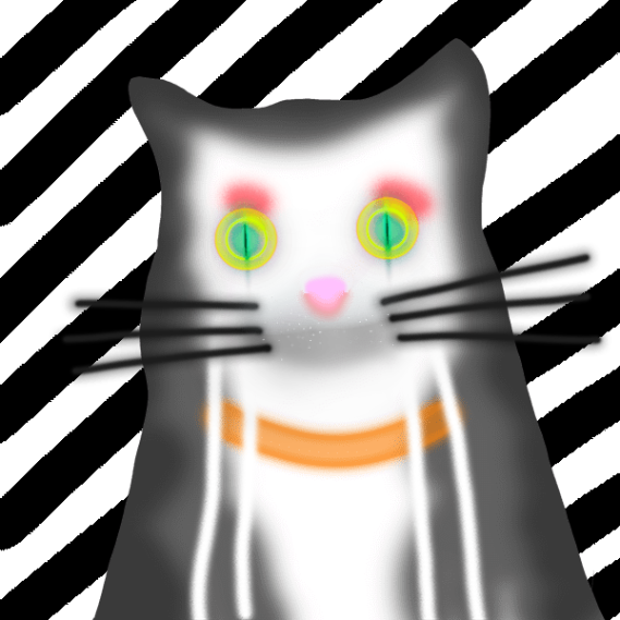 A cartoon-style illustration of a black and white cat with bright green eyes, pink eyebrows, and a pink nose, set against a black and white striped background.