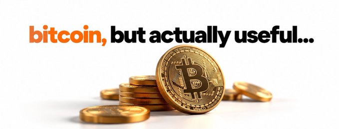 A promotional graphic shows gold Bitcoin coins next to the text "bitcoin, but actually useful..." in orange and black lettering on a white background.