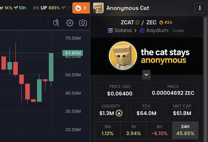Cryptocurrency trading interface showing candlestick chart data for ZCAT/ZEC token (Anonymous Cat) on Solana via Raydium, with current price $0.06400, market cap $61.8M, and 24H gain of 45.85%.