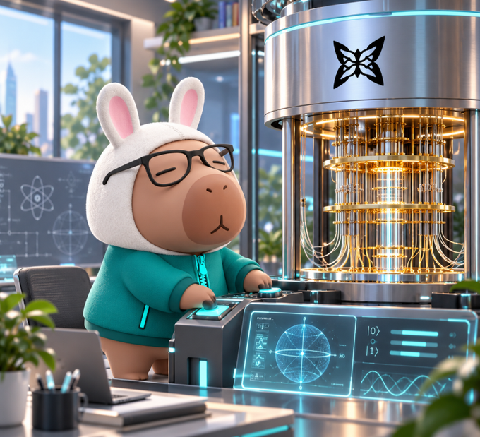 A 3D-rendered illustration of a cute capybara character wearing glasses, a white bunny-eared hat, and a teal hoodie, operating a futuristic quantum computer or laboratory machine with glowing gold components and holographic displays.