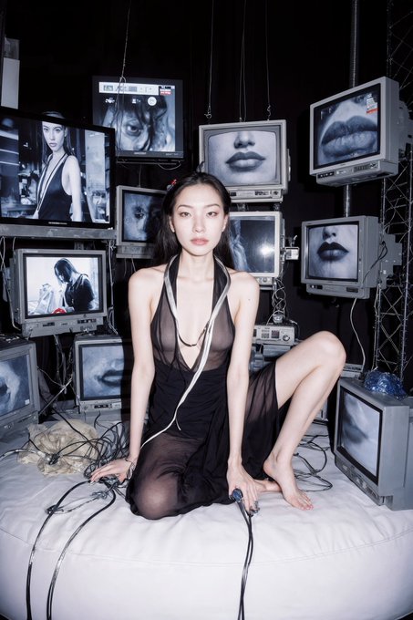A woman in a sheer black halter dress kneels on a white surface surrounded by stacked vintage televisions displaying black-and-white images of faces and figures.