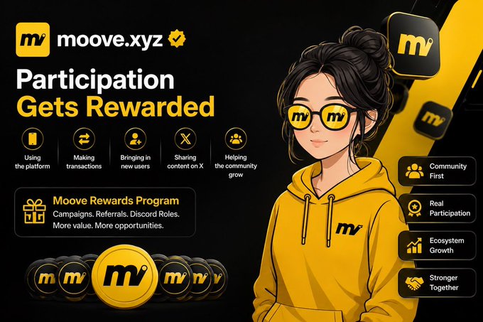 A promotional graphic for moove.xyz titled 'Participation Gets Rewarded' features an anime-style woman in a yellow hoodie and branded sunglasses, listing benefits like 'Using the platform' and 'Making transactions' under the Moove Rewards Program.