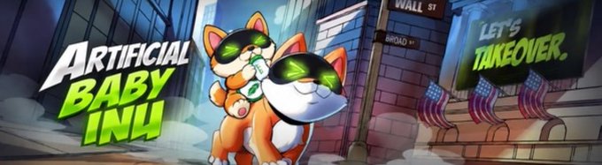 Banner for 'Artificial Baby Inu' featuring two cartoon cats with dollar signs in their eyes, set against a city street background with the text 'LET'S TAKEOVER.'