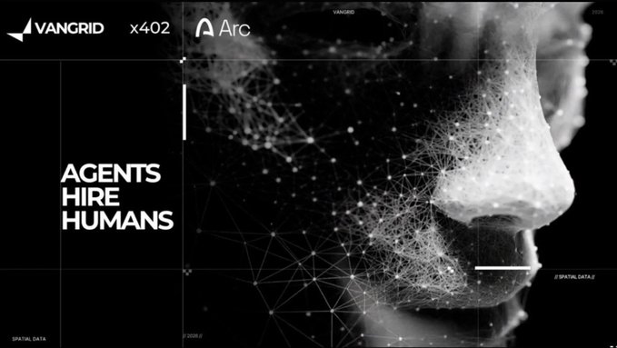 A black and white promotional graphic for VANGRID x402 and Arc featuring the text "AGENTS HIRE HUMANS" alongside a profile of a face overlaid with a digital network mesh.