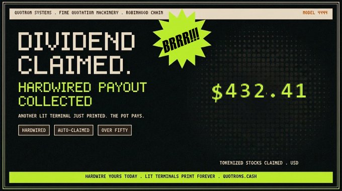 A retro pixel-art style graphic displays "DIVIDEND CLAIMED" with a payout of $432.41, branded as QUOTRON SYSTEMS MODEL 4444.