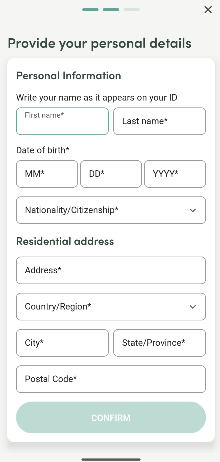 A mobile form titled "Provide your personal details" requesting KYC information including name, date of birth, nationality, and residential address, with a "CONFIRM" button—illustrating the frustrating mandatory identity verification process that users must complete before accessing a crypto wallet.