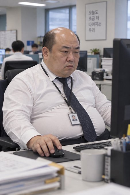 A man in a white dress shirt and tie sits at an office computer with a tired expression, with a framed poster behind him reading '오늘도 조금 더 나아지는 우리'.