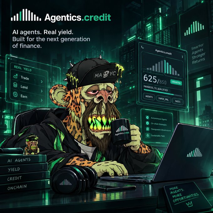A digital advertisement for Agentics.credit featuring a monkey character with glowing green teeth wearing a 'MAYOR' cap, promoting AI agents with real yield through Trade, Lend, and Earn options with a 625/850 progress score.