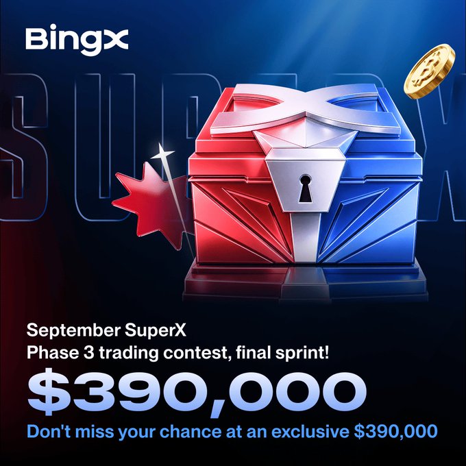 A BingX promotional advertisement for 'September SuperX Phase 3 trading contest' featuring a red and blue treasure chest design and a $390,000 prize pool.