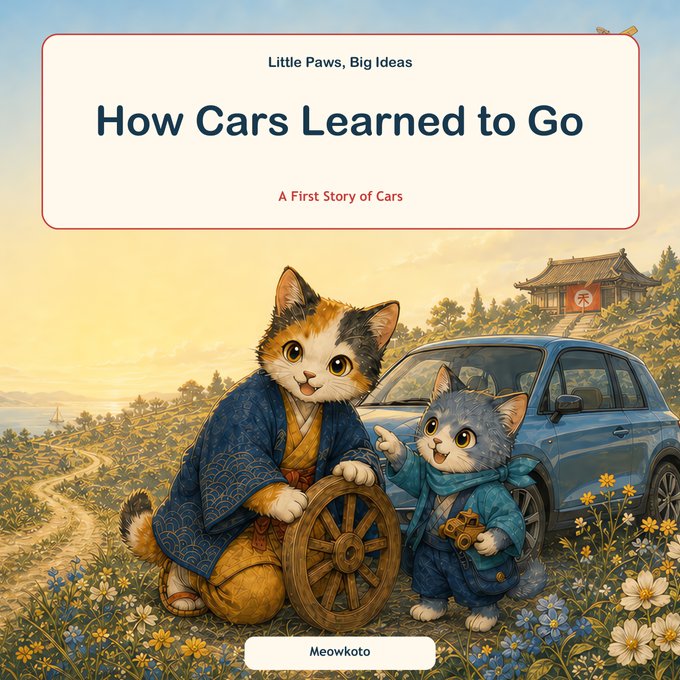 A children's book cover titled 'How Cars Learned to Go: A First Story of Cars' from the 'Little Paws, Big Ideas' series, illustrated by Meowkato, featuring two cats in traditional Japanese attire next to a modern blue SUV and a wooden wheel in a flower-filled landscape.