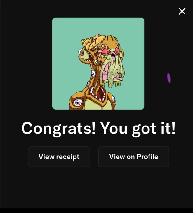 A 'Congrats! You got it!' screen featuring a grotesque, multi-eyed cartoon monster avatar with options to 'View receipt' or 'View on Profile'.