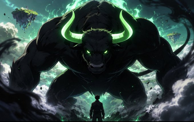 A towering, shadowy bull with glowing green horns and eyes looms over a lone figure standing amidst swirling clouds, symbolizing immense power and bullish momentum. The imagery of the mighty bull embodies the post's confident stance on $ANSEM, reinforcing the theme of strength, growth, and a winning ecosystem for startups, creators, and holders.