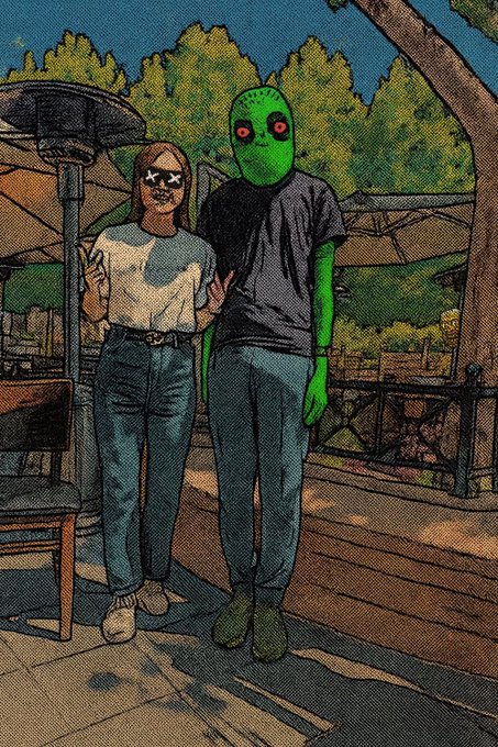 Two people, one dressed as an alien and the other wearing sunglasses, stand outside. This image relates to the ticker ETH, likely referencing the Ethereum cryptocurrency.