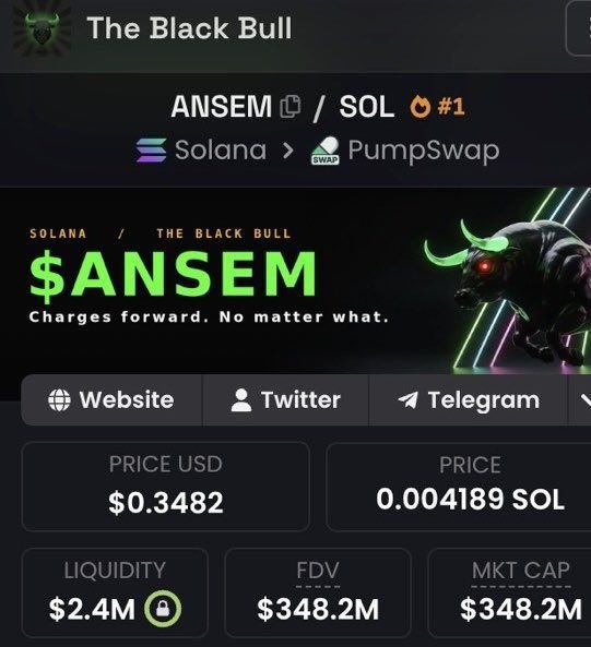 The image shows a cryptocurrency token listing page for "$ANSEM" ("The Black Bull") on the Solana network via PumpSwap, displaying a price of $0.3482 USD (0.004189 SOL) with a market cap of $348.2M. The post references this token to promote a profitable trade that turned $2,040 into over $1 million, using the impressive market cap shown in the image as social proof to lure followers into a Telegram call.