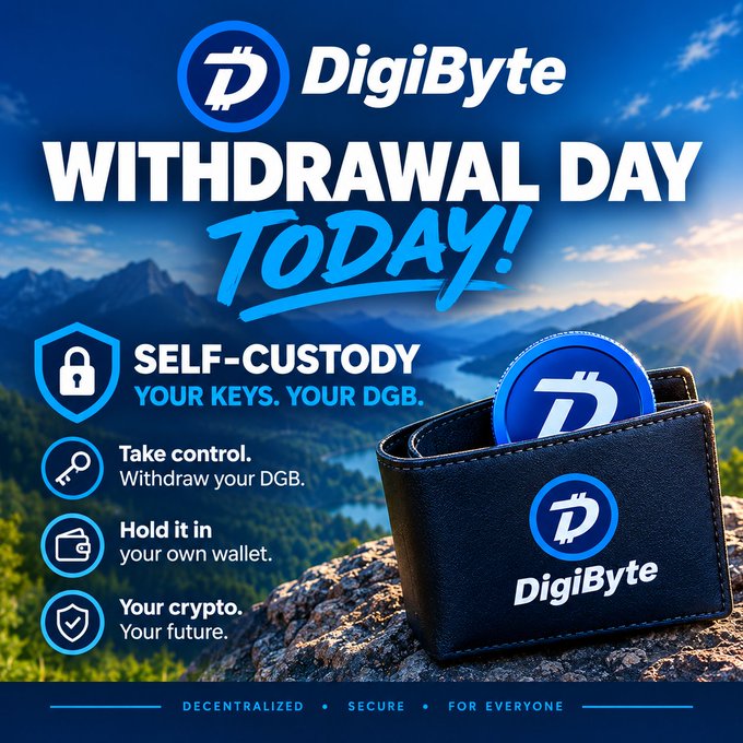 A promotional advertisement for DigiByte cryptocurrency featuring 'WITHDRAWAL DAY TODAY!' text, emphasizing 'SELF-CUSTODY YOUR KEYS. YOUR DGB.' with a wallet image and slogans like 'Decentralized, Secure, For Everyone'.
