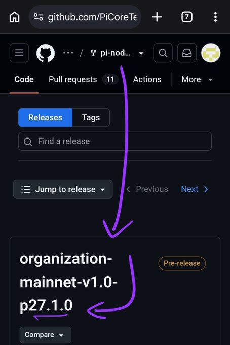 The image shows a GitHub page for "pi-nod..." repository displaying a "Pre-release" titled "organization-mainnet-v1.0-p27.1.0," which corresponds to the post's mention of Pi Node's upgrade to Stellar Core v27.1.0.