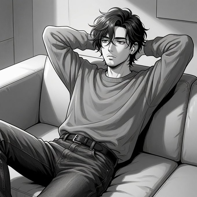 A black and white anime-style illustration of a young man with messy dark hair sitting on a couch with his hands behind his head, wearing a sweater and jeans.