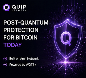 The image features a purple shield with a white Q symbol, which is part of an advertisement for Quip Network. The shield is positioned above a text box that reads "Post-Quantum Protection for Bitcoin Today", indicating that the network offers protection against Quantum computing threats. The image also includes a small purple bubble containing a white Q symbol and the words "built on Arch network" below it, suggesting that the network's infrastructure has been designed to withstand potential Quantum attacks.